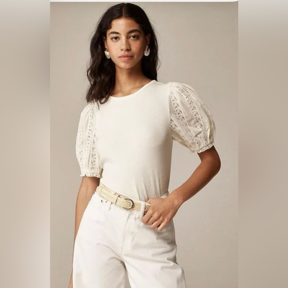J. Crew Vintage Rib Top with Lace Puff Sleeves in Natural